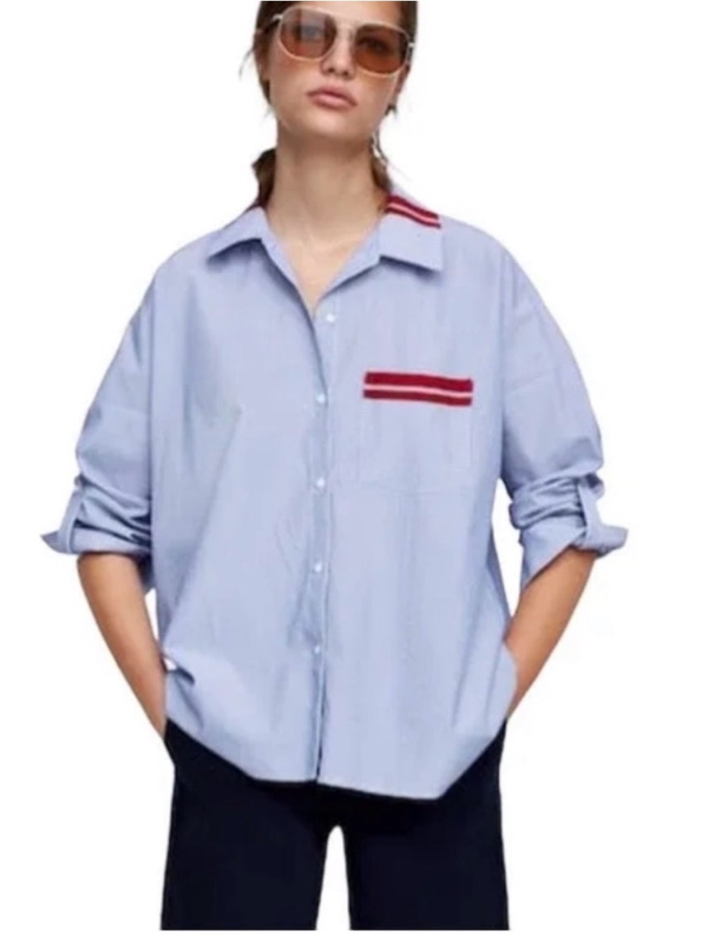 Zara blue white stripe button down red ribbon trim XS oversized fit nautical